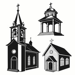 Collection of black and white silhouette illustrations of various church buildings and architectural elements including a steeple bell tower and cupola on a white background