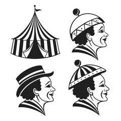 Vintage circus illustrations featuring a striped tent and three stylized clown portraits in profile wearing different hats and striped collars presented in a black and white graphic style