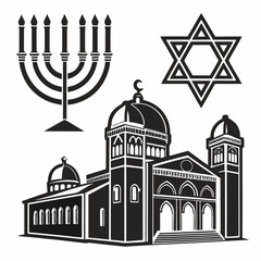 A collection of religious symbols including a menorah star of david and a mosque or temple building representing different faiths and cultures in a graphic illustration