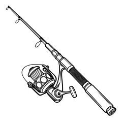 A detailed black and white line drawing illustration of a fishing rod and reel isolated on a white background perfect for sport and outdoor themes