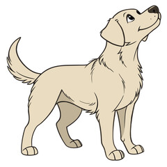 A charming cartoon illustration of a light colored labrador retriever dog standing proudly and looking upwards with a happy expression on its face
