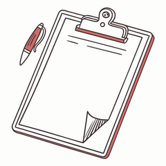 Hand drawn illustration of a clipboard with a blank sheet of paper and a pen perfect for notes lists or documentation tasks