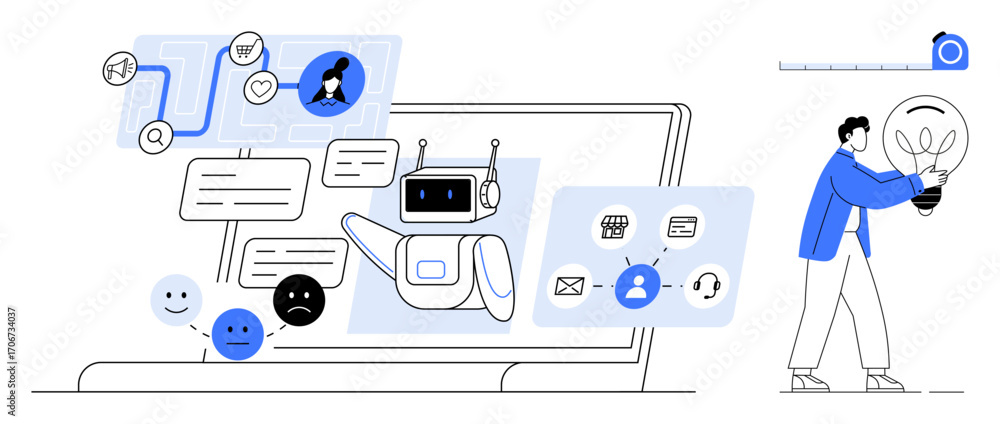 Poster ai chatbot on a laptop guiding user through messages, emoticons, and workflows. ideal for technology