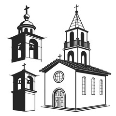 Collection of stylized black and white illustrations of churches and bell towers featuring crosses and arched windows symbolizing faith and spirituality