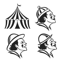 Collection of stylized black and white circus icons featuring a striped big top tent and three different clown portraits in profile view