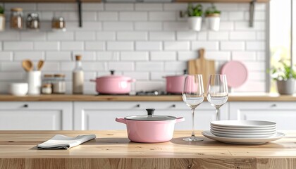 Cute cozy clean kitchenware background with pink pan clear glasses white plates wood counter brick wallpaper.
