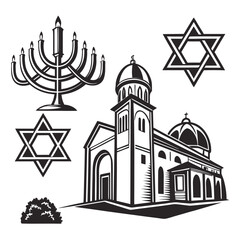 Collection of religious symbols including a menorah star of david and a church building representing diverse faiths and spiritual practices