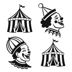 A collection of four black and white graphic illustrations featuring two circus tents and two cheerful clown faces perfect for festive designs