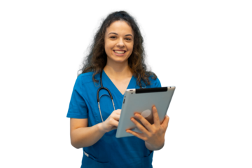 Young female doctor wearing blue scrubs and stethoscope using digital tablet, smiling, on transparent background