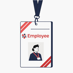Employee identification badge with lanyard and photo id of a smiling person wearing a dark blue shirt and red lanyard representing access and belonging within a company