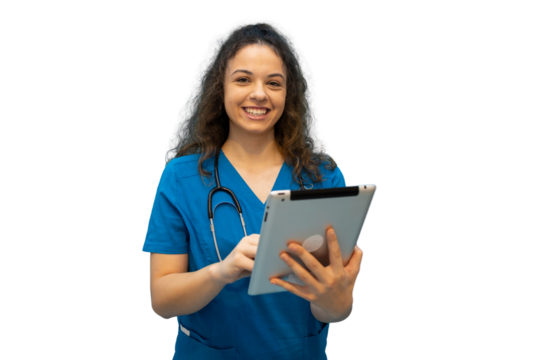 Young female doctor wearing blue scrubs and stethoscope using digital tablet, smiling, on transparent background