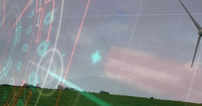 Holographic overlay appearing pulsing and guiding turbine rotor rising above pasture energy display - Powered by Adobe