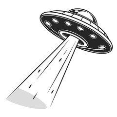 Retro style black and white illustration of a classic flying saucer ufo emitting a beam of light or energy downwards against a white background