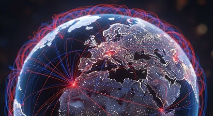 Global connections radiating from cities, showcasing international business and technology networks