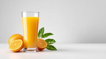Fototapeta premium Zesty Orange Delight: a glass of freshly squeezed orange juice and fresh orange slice sits on a smooth white surface and creates an inviting sense of refreshment and taste.
