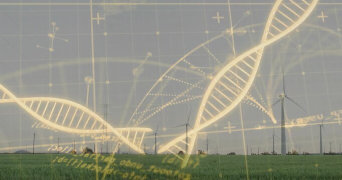 Grid overlay appearing over wind turbines as DNA helix sweeping in representing molecular network - Powered by Adobe