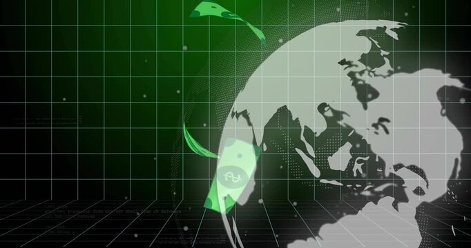 Sliding banknotes spiraling orbit around globe converging then fading visualizing money flow