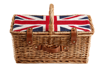 a wicker basket with a british flag blanket inside