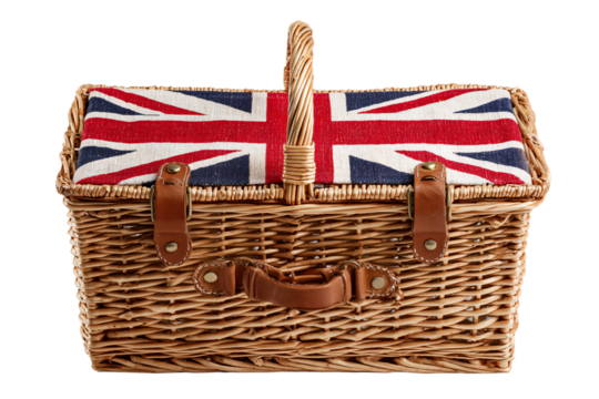a wicker basket with a british flag blanket inside