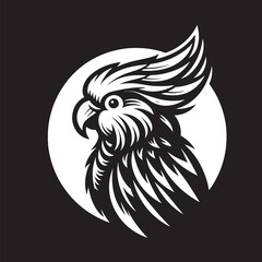 Obraz premium Rooster head with white circle on black background. Vector illustration