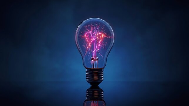 Creative light bulb energy concept showing electricity inside on a dark blue background