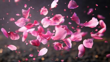 Rose petals or sakura flying petals, romantic background with realistic pink cherry flower petals flow or falling motion. Love, romance, floral spring season,cherry blossom