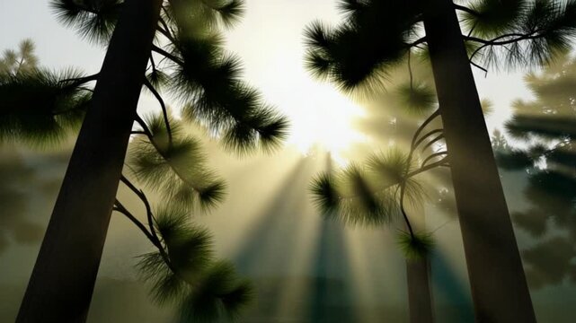 Sunlight through pine trees