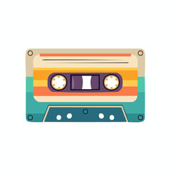 Fototapeta premium A colorful retro-style audio cassette tape with vintage stripes, isolated on a white background. Nostalgic analog music media vector illustration