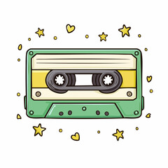 Charming retro audio cassette tape illustration with a nostalgic 80s and 90s aesthetic, hand-drawn doodle style with stars and hearts