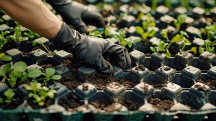 Hands Planting Seedlings in a Greenhouse