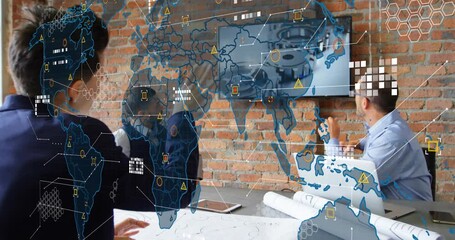Colleagues reviewing engineering plans while map overlay fading in and pointing at assembly - Powered by Adobe