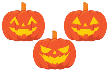 Cartoon illustration of Halloween pumpkin set featuring carved jack o lantern faces with spooky expressions ideal for seasonal holiday decor party invitations and festive designs