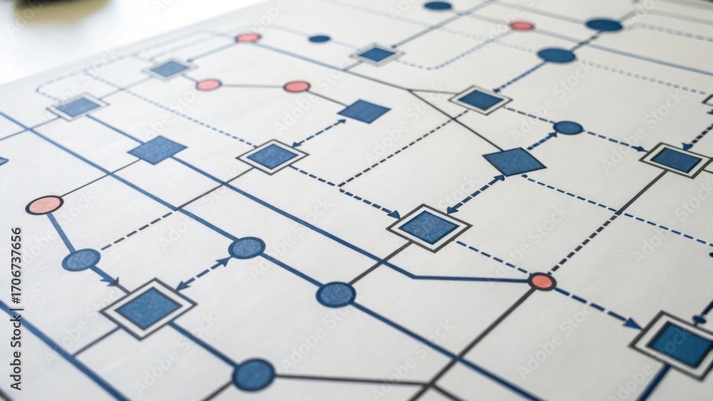 Poster a diagram featuring interconnected shapes and lines, likely representing a flowchart or process map.
