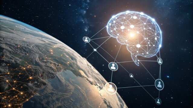 A digital illustration of Earth with a glowing brain above, connected by lines representing a network, symbolizing intelligence and global connectivity. - Powered by Adobe