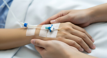 A Doctor or Nurse Holding a Patient's Hand with IV Drip