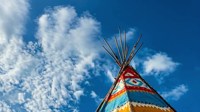 Colorful teepee against a bright blue sky with fluffy white clouds.