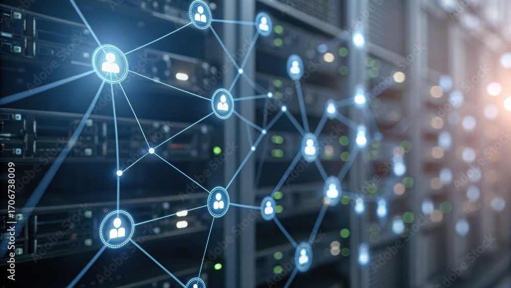 Poster a digital network connects users through servers, showcasing technology's role in communication and 