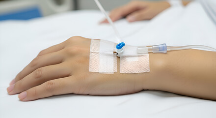 Patient's Hand with an IV Drip in a Hospital