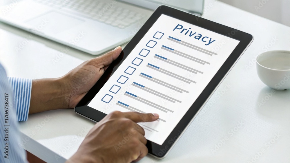 Poster a person interacting with a tablet displaying a privacy checklist, emphasizing the importance of dig