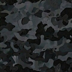 Abstract camouflage pattern in shades of gray and black, featuring textured shapes and lines