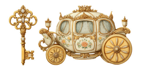 Elegant Vintage Carriage with Ornate Decorations and Key Illustration