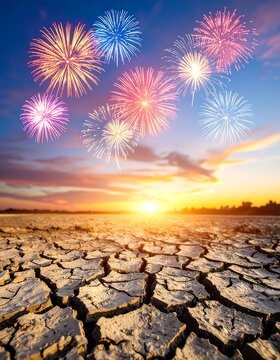 Fireworks over a cracked earth landscape at sunset