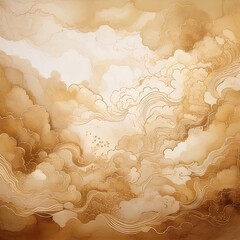 Abstract painting of swirling, warm-toned clouds