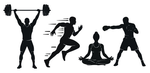 Silhouette illustrations of various fitness activities, including weightlifting, running, yoga, and boxing.