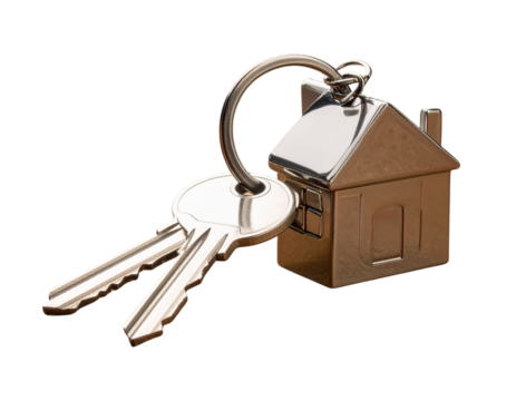 Silver House Keys with Modern Minimalist Home Keychain, Angled Side View, Isolated