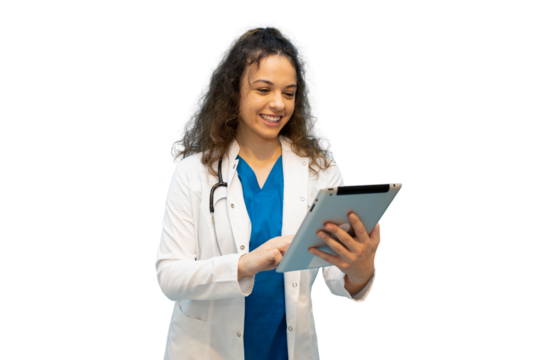 Female doctor wearing lab coat and stethoscope using digital tablet with transparent background