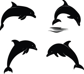 Fototapeta premium Collection of diverse dolphin jumping silhouettes isolated on white background