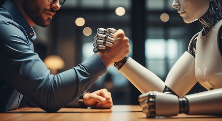 Man and robot arm wrestling competition strength