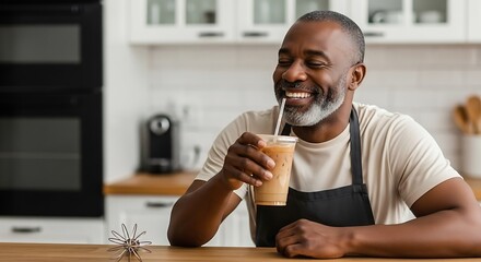 Man enjoying iced coffee in kitchen african american