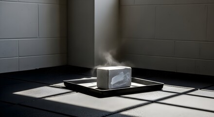 Gym Workout concept with chalk block in an industrial corner, featuring rubber floor tiles and window-lit dust